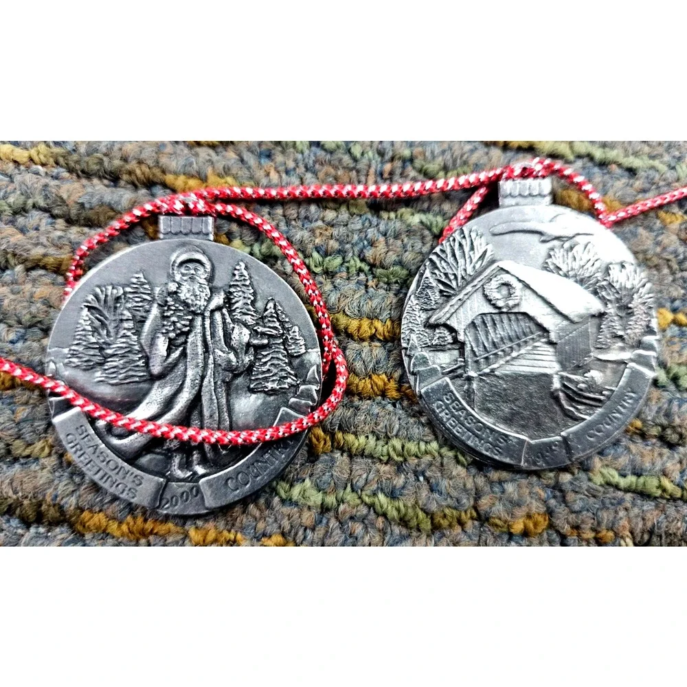 Set of 11 Country Promotional Pewter Christmas Ornament 1.75in Seasons Greetings